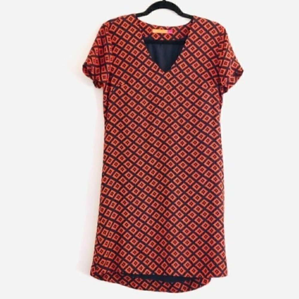 Ava Dress S Shift Midi Geometric Orange Navy Blue
